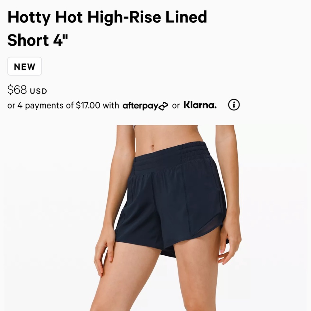 lululemon “hotty hot” shorts 4” HR size 8 in “true navy” color